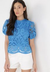 Niebieska Bluzka z Koronki Perrates. Niebieskie bluzki damskie Born2be, s, z aplikacjami, z koronki, eleganckie, bez kołnierzyka, bez ramiączek. Za 39.99 zł.