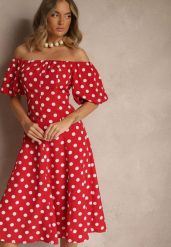 Czerwona Sukienka Hiszpanka Vices w Kropki o Rozkloszowanym Kroju Zilua. Czerwone sukienki damskie Renee, na spotkanie biznesowe, l, bez wzorów, z materiału, retro, bez kołnierzyka, bez ramiączek, midi, rozkloszowane. Za 119.99 zł.