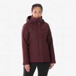 Kurtka turystyczna damska zimowa Quechua NH100 3w1 0°C wodoodporna. Fioletowe kurtki sportowe damskie QUECHUA, na zimę, m, bez wzorów, z materiału, bez ramiączek, z kapturem, trekkingowe. Za 299.99 zł.