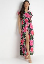 Czarno-Różowa Sukienka Auclair. Czarne sukienki damskie Born2be, na lato, z aplikacjami, z materiału, eleganckie, bez kołnierzyka, bez ramiączek, maxi, kopertowe. Za 29.99 zł.