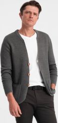 Ombre Strukturalny sweter męski kardigan z kieszeniami - grafitowy melanż V2 OM-SWCD-0109 L. Szare swetry męskie Ombre, l, bez wzorów, bez kołnierzyka, bez ramiączek. Za 169.99 zł.