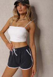 Granatowe Szorty Dresowe z Dodatkiem Bawełny High Waist Wykończone Lamówką Mivorina. Niebieskie szorty damskie Renee, bez wzorów, z bawełny, eleganckie, z podwyższonym stanem. Za 24.99 zł.