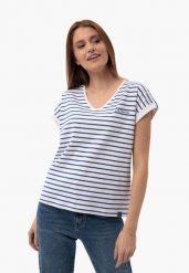T-shirt w paski, Comfort Fit, T-PORTO. Niebieskie t-shirty damskie Volcano, l, bez wzorów, z bawełny, bez kołnierzyka, bez ramiączek. Za 64.99 zł.