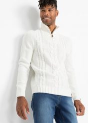 Sweter ze wzorem w warkocze. Białe swetry męskie bonprix, m, bez wzorów, ze skóry, bez kołnierzyka, bez ramiączek. Za 129.99 zł.