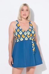 Damski Strój kąpielowy kokardka miękkie miseczki efekt dekoltu typu halter. Niebieskie stroje kąpielowe damskie Ulla Popken, plus size, bez wzorów, z elastanu. Za 309.99 zł.
