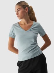 4F T-shirt slim gładki damski - turkusowy S. Niebieskie t-shirty damskie 4F, s, bez wzorów, z bawełny, klasyczne, bez kołnierzyka, bez ramiączek. W wyprzedaży za 29.99 zł.