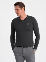 Elegancki sweter męski BASIC V-neck z wiskozą - grafitowy V17 OM-SWBS-0107 - XXL. Szare swetry męskie Ombre Clothing, l, bez wzorów, z wiskozy, eleganckie, bez kołnierzyka, bez ramiączek. W wyprzedaży za 89.99 zł.