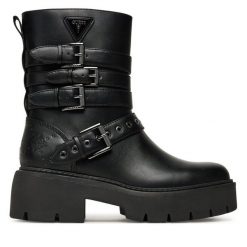 Botki Guess. Czarne botki damskie Guess, z aplikacjami, bez obcasa, na płaskiej podeszwie, bez zapięcia. Za 609.99 zł.