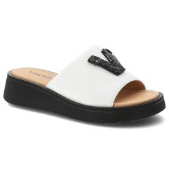 Klapki damskie Vinceza, cholewka ze skóry naturalnej wsuwany fason szeroki pasek, białe, 66950. Białe klapki damskie VINCEZA, na lato, z aplikacjami, ze skóry, eleganckie, bez obcasa, na koturnie, bez zapięcia. Za 169.00 zł.