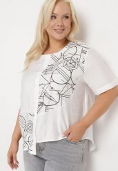 Biała Bawełniana Bluzka T-shirt z Krótkim Rękawem z Nadrukiem i Guzikami Fiomara. Białe bluzki damskie Born2be, l, bez wzorów, z bawełny, biznesowe, bez kołnierzyka, bez ramiączek. Za 54.99 zł.