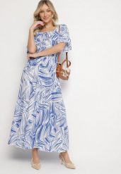 Niebieska Bawełniana Sukienka Rozkloszowana w Liście Alaniva. Niebieskie sukienki damskie Born2be, na co dzień, na lato, l, bez wzorów, z bawełny, eleganckie, bez kołnierzyka, bez ramiączek, maxi, rozkloszowane. Za 49.99 zł.