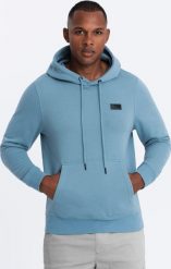Ombre Męska dresowa bluza kangurka z kapturem i metalowym pinem błękitna V4 OM-SSNZ-0141 L. Niebieskie bluzy męskie Ombre, l, bez wzorów, z dresówki, z kapturem. Za 169.99 zł.