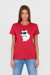 KARL LAGERFELD Czerwony t-shirt z kotem. Czerwone t-shirty damskie KARL LAGERFELD, s, bez wzorów, bez kołnierzyka, bez ramiączek. W wyprzedaży za 299.99 zł.