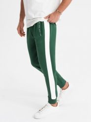 Dresowe męskie spodnie joggery z kontrastowymi lampasami – ciemnozielone V7 OM-PASK-0229 - XXL. Zielone spodnie sportowe męskie Ombre Clothing, l, z aplikacjami, z dresówki. Za 131.99 zł.