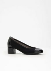 Czółenka na obcasie słupku. Czarne czółenka damskie bonprix, bez wzorów, eleganckie, bez obcasa, na obcasie, bez zapięcia. Za 122.99 zł.