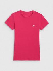 4F T-shirt slim gładki damski - różowy L. Czerwone t-shirty damskie 4F, l, bez wzorów, z bawełny, klasyczne, bez kołnierzyka, bez ramiączek. Za 39.99 zł.