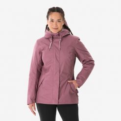 Kurtka turystyczna damska zimowa Quechua NH500 -10°C wodoodporna. Fioletowe kurtki sportowe damskie QUECHUA, na jesień, l, bez wzorów, z materiału, bez ramiączek, z kapturem, trekkingowe. Za 199.99 zł.
