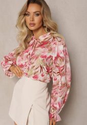 Różowo-Beżowa Koszula z Wiązaniem i Guzikami Ozdobiona Kwiatowym Motywem Fioralba. Czerwone koszule damskie Renee, l, bez wzorów, eleganckie, bez kołnierzyka, bez ramiączek. Za 89.99 zł.