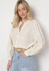 Beżowa Bawełniana Koszula Zdobiona Haftem w Kwiatowy Wzór z Cekinami Gonirith. Brązowe koszule damskie Born2be, l, z aplikacjami, z bawełny, eleganckie, bez kołnierzyka, bez ramiączek. Za 109.99 zł.