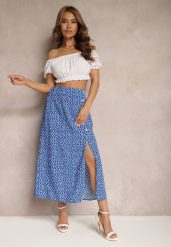 Niebieska Casualowa Spódnica Ozdobiona Guzikami i Wycięciem Fiada. Niebieskie spódnice damskie Renee, na co dzień, m, bez wzorów, eleganckie, midi, dopasowane. Za 64.99 zł.