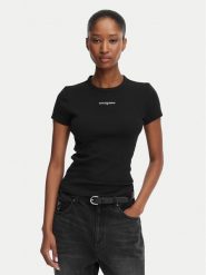 Tommy Jeans T-Shirt Script Rib DW0DW22809 Czarny Slim Fit. Czarne t-shirty damskie Tommy Jeans, xs, bez wzorów, z bawełny, bez kołnierzyka, bez ramiączek. Za 149.99 zł.