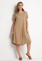 Ciemnobeżowa Rozkloszowana Wiskozowa Sukienka Trivoria. Brązowe sukienki damskie Born2be, na co dzień, l, bez wzorów, z materiału, eleganckie, bez kołnierzyka, bez ramiączek, midi, rozkloszowane. Za 54.99 zł.