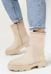 Beżowe Botki Sztyblety z Pikowaną Cholewką Emele. Brązowe botki damskie Born2be, bez wzorów, z jeansu, eleganckie, bez obcasa, na obcasie, bez zapięcia. Za 169.99 zł.