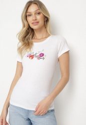 Biało-Różowy T-shirt z Bawełny z Ozdobnym Nadrukiem Zaromeira. Białe t-shirty damskie Born2be, l, bez wzorów, z bawełny, eleganckie, bez kołnierzyka, bez ramiączek. Za 29.99 zł.