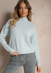 Jasnoniebieski Golf Sweter z Tłoczeniem i Ściągaczami Melovira. Niebieskie swetry nierozpinane damskie Renee, na zimę, bez wzorów, bez kołnierzyka, bez ramiączek. Za 99.99 zł.