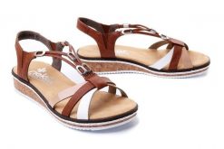 RIEKER V3657-81 brown combination, sandały damskie. Brązowe sandały damskie Rieker, bez wzorów, bez obcasa, na koturnie, bez zapięcia. Za 255.92 zł.