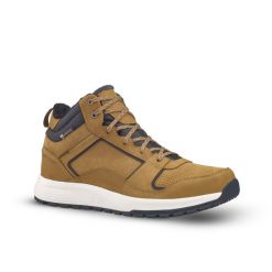 Buty turystyczne męskie Quechua SH500 Mid skóra wodoodporne. Brązowe buty zimowe męskie QUECHUA, na zimę, bez wzorów, ze skóry, bez obcasa, bez zapięcia. W wyprzedaży za 199.99 zł.