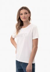Bawełniany t-shirt z printem, Comfort Fit, T-MOMENTS. Białe t-shirty damskie Volcano, m, bez wzorów, z bawełny, glamour, bez kołnierzyka, bez ramiączek. Za 69.99 zł.