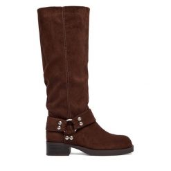 Kozaki JENNY. Brązowe kozaki damskie Jenny, bez wzorów, bez obcasa, na płaskiej podeszwie, bez zapięcia. Za 229.99 zł.