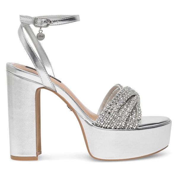 Sandały Nine West. Szare sandały damskie Nine West, bez wzorów, bez obcasa, na słupku, bez zapięcia. Za 155.99 zł.