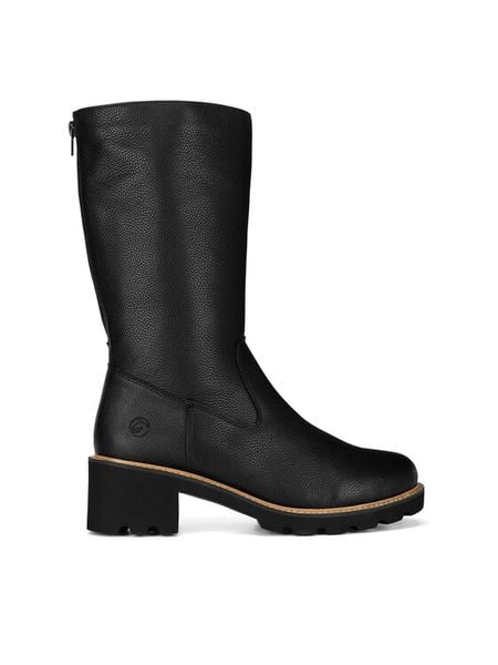 Remonte Kozaki D0A78-01 Czarny. Czarne kozaki damskie Remonte, bez wzorów, ze skóry, bez obcasa, na słupku, bez zapięcia. Za 399.00 zł.