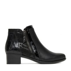 Botki Remonte. Czarne botki damskie Remonte, bez wzorów, bez obcasa, na słupku, bez zapięcia. Za 379.99 zł.