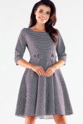Elegancka sukienka rozkloszowana z ozdobnymi guzikami pepitka. Sukienki damskie Awama, do pracy, l, bez wzorów, z wiskozy, biznesowe, bez kołnierzyka, bez ramiączek, rozkloszowane. Za 349.00 zł.