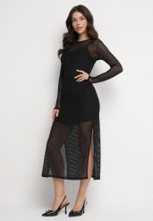Czarna Sukienka Siateczkowa w Prążki z Wiskozą Niniria. Czarne sukienki damskie Born2be, na co dzień, l, bez wzorów, z wiskozy, eleganckie, bez kołnierzyka, bez ramiączek, maxi, kopertowe. Za 149.99 zł.