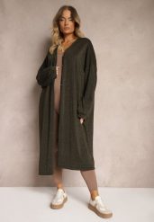 Zielony Kardigan z Wiskozą o Długim Kroju Zapinany na Guziki z Metaliczną NIcią Arkaria. Zielone kardigany damskie Renee, plus size, bez wzorów, z jeansu, biznesowe, bez kołnierzyka, plus size. Za 119.99 zł.