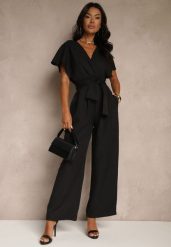 Czarny Elegancki Kombinezon z Szerokimi Nogawkami i Kopertowym Dekoltem Melovina. Czarne sukienki damskie Renee, na co dzień, na jesień, l, bez wzorów, eleganckie, bez kołnierzyka, bez ramiączek, kopertowe. Za 119.99 zł.
