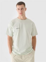 4F T-shirt oversize z nadrukiem męski - turkusowy S. Niebieskie t-shirty męskie 4F, m, bez wzorów, z bawełny, bez kołnierzyka, bez ramiączek. W wyprzedaży za 29.99 zł.