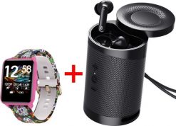 Smartwatch Bemi KIX-M + Głośnik - Słuchawki BT Bemi DUO Czarno-różowy. Czarne zegarki smartwatch BEMI, bez wzorów. Za 339.00 zł.