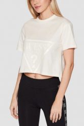 GUESS Kremowy bawełniany t-shirt damski Adele Crop, Rozmiar S. Brązowe t-shirty damskie Guess, s, z aplikacjami, z bawełny, bez kołnierzyka, bez ramiączek. Za 189.99 zł.