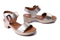RIEKER REMONTE D0N52-90 metallic, sandały damskie. Żółte sandały damskie Rieker Remonte, bez wzorów, ze skóry, bez obcasa, na obcasie, bez zapięcia. Za 295.92 zł.