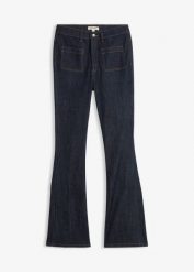 Dżinsy o kroju bootcut, high waist, z wygodnym pasem. Niebieskie jeansy damskie bonprix, bez wzorów, z jeansu, z podwyższonym stanem. Za 124.99 zł.