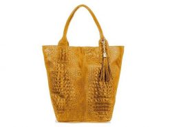 Shopper bag skórzany croco musztardowy L94. Szare shopperki damskie z aplikacjami, z materiału, małe, zamszowe, bez dodatków. Za 230.99 zł.
