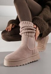 Ciemnobeżowe Śniegowce na Platformie Typu Sztyblety Ahelina. Brązowe śniegowce damskie Renee, z jeansu, bez zapięcia. Za 89.99 zł.