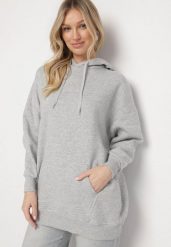 Jasnoszara Bluza z Kapturem Dagdere. Szare bluzy damskie Born2be, na jesień, m, bez wzorów, z dzianiny, casualowe, bez ramiączek, z kapturem. Za 69.99 zł.