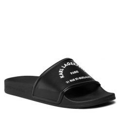 Klapki KARL LAGERFELD. Czarne klapki damskie KARL LAGERFELD, bez wzorów, bez obcasa, bez zapięcia. Za 239.99 zł.