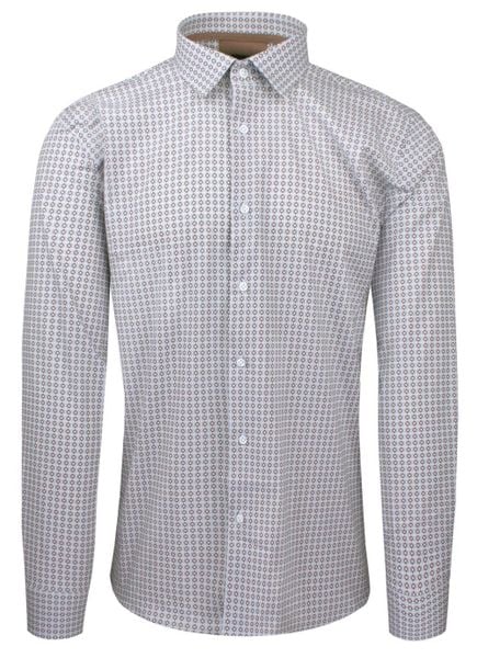 Bawełniana Koszula Elegancka, Slim - Victorio - Brązowo-Niebieski Drobny Wzór. Brązowe koszule męskie Victorio, uniwersalny, bez wzorów, z bawełny, eleganckie, bez kołnierzyka, bez ramiączek. Za 209.00 zł.